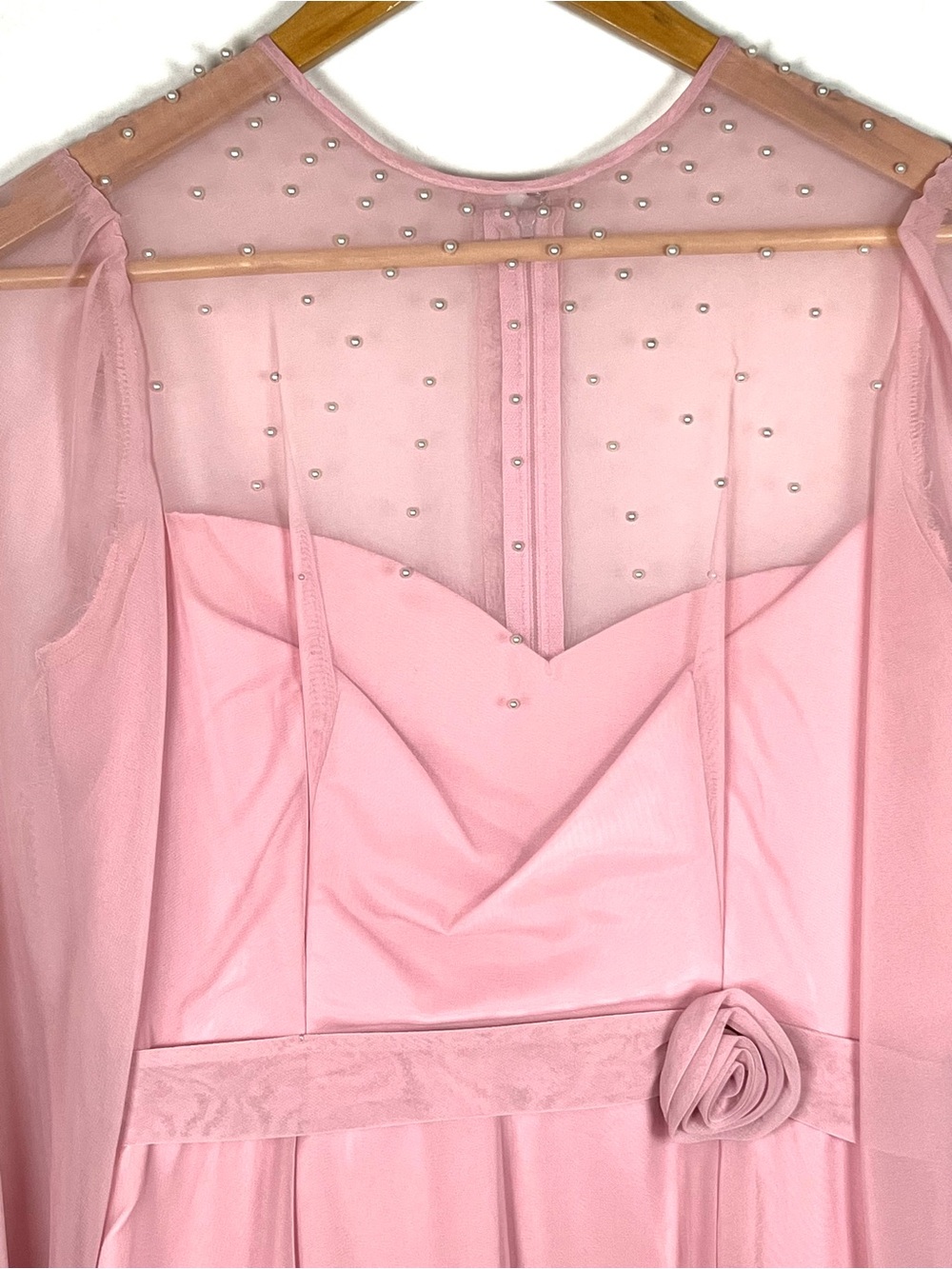Elegant 1970s Pink Long-Sleeve Evening Dress with Sheer Yoke - Picture 3 of 15